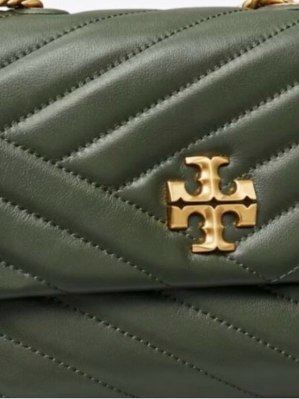 Tory Burch Olive Green Quilted Chevron Crossbody with Gold Logo
